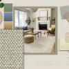 Tacoma Wool color Diamond Peak moodboard paint swatches, borders, room scene, plants and tile options