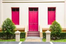 Bright Pink Front Door and Window Shutters